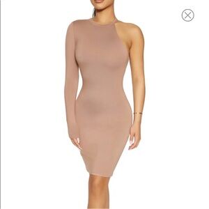 Naked Wardrobe Nude Tan One Shoulder Stretch Mini Dress, Small